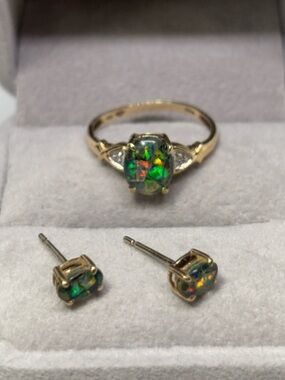 10K Gold Ring and Stud Earrings Set with Mosaic Opal, size 7